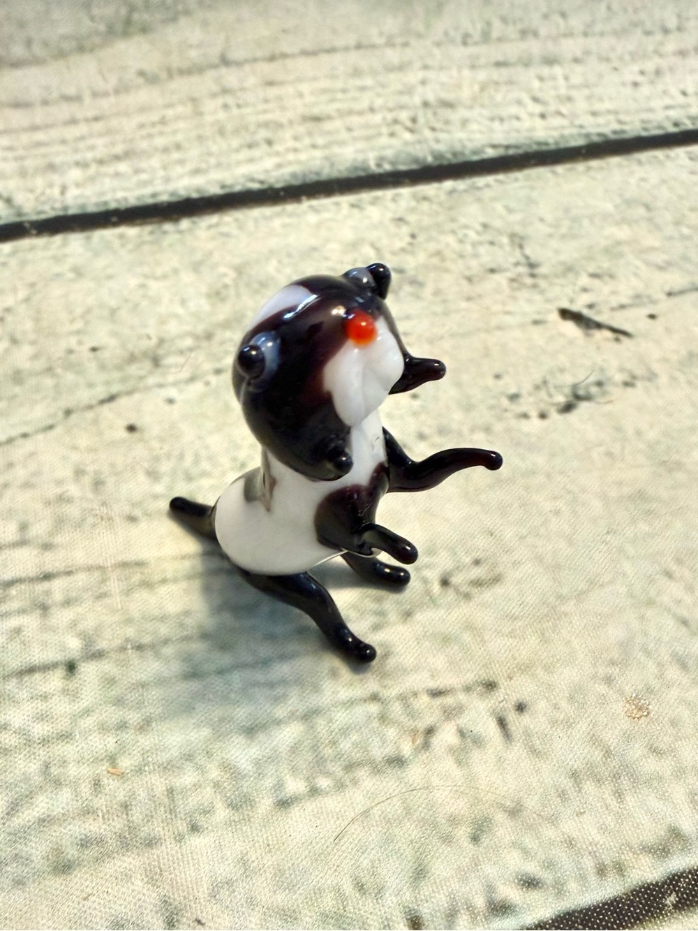 Vintage hand blown trinket mini little black and white dog animal critter.